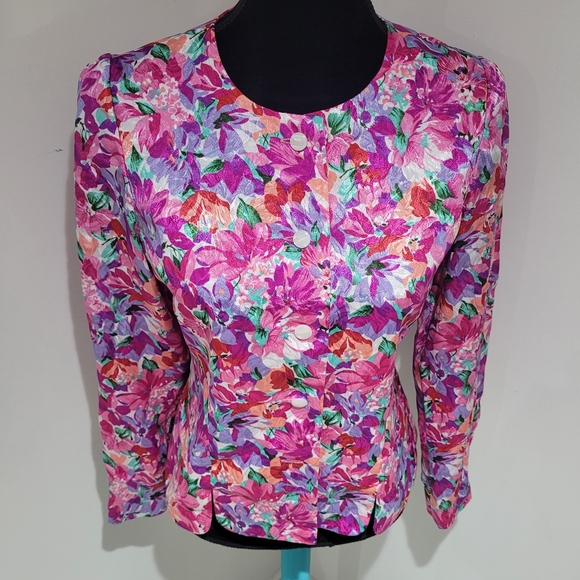 Liz Claiborne Petites Women's Vintage Floral Print Long Sleeve Blouse 6P Pink - Picture 5 of 9